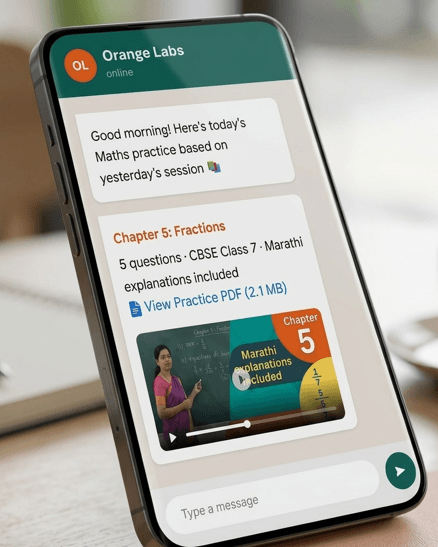 WhatsApp chat showing Tamil Maths practice from MyFeynman — Chapter 5 Fractions with practice PDF and video walkthrough